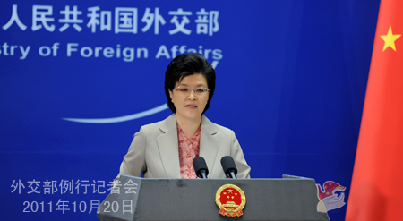 　　2011年10月20日，外交部发言人姜瑜主持例行记者会。