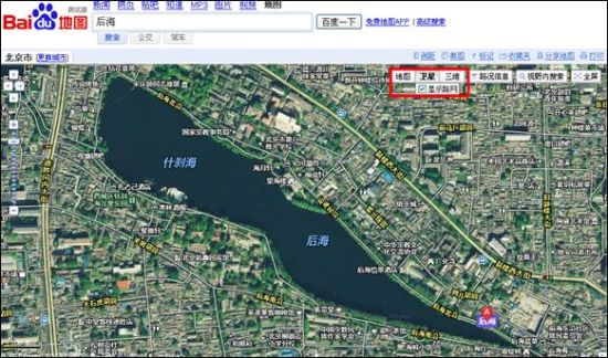 百度地图卫星图上的北京后海