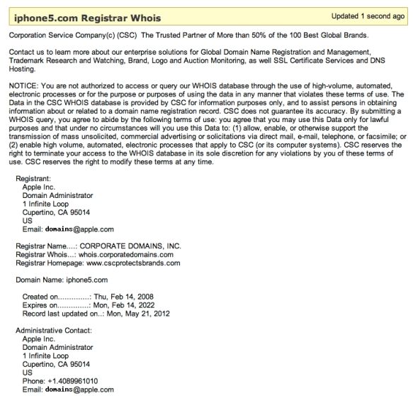 Whois 数据显示苹果已获 iPhone5.com 域名